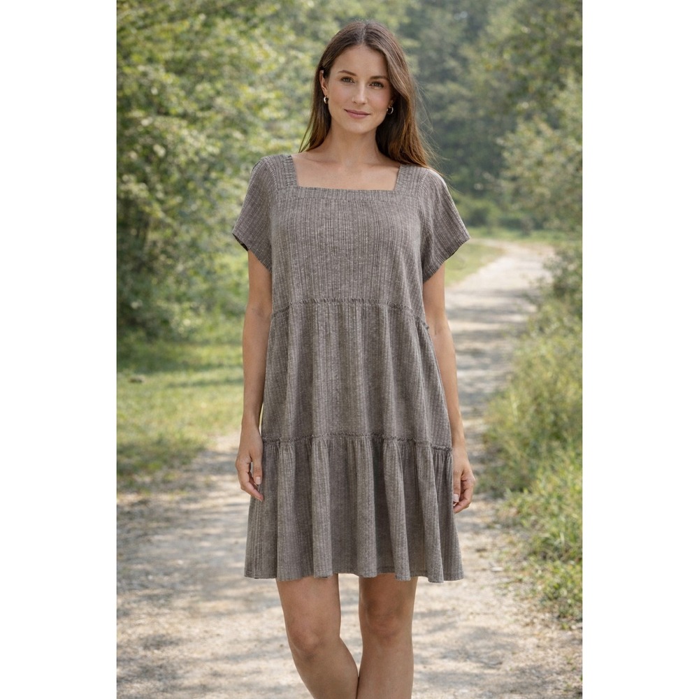 Natural Life Ribbed Tiered Babydoll Dress Taupe Brown Square Neck Short Sleeve M